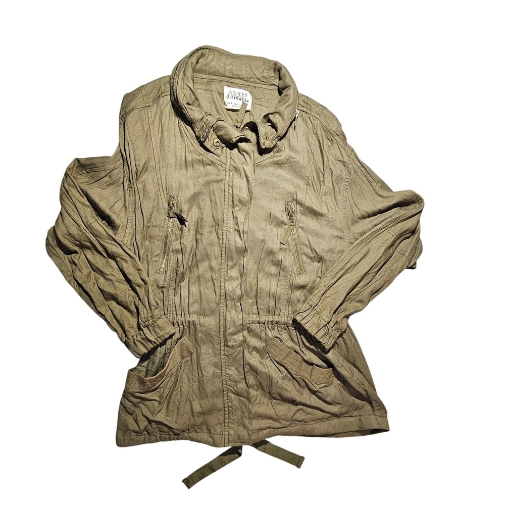 Ashley by 26 International Olive Green Utility Jacket Hidden Hood Womens Large
